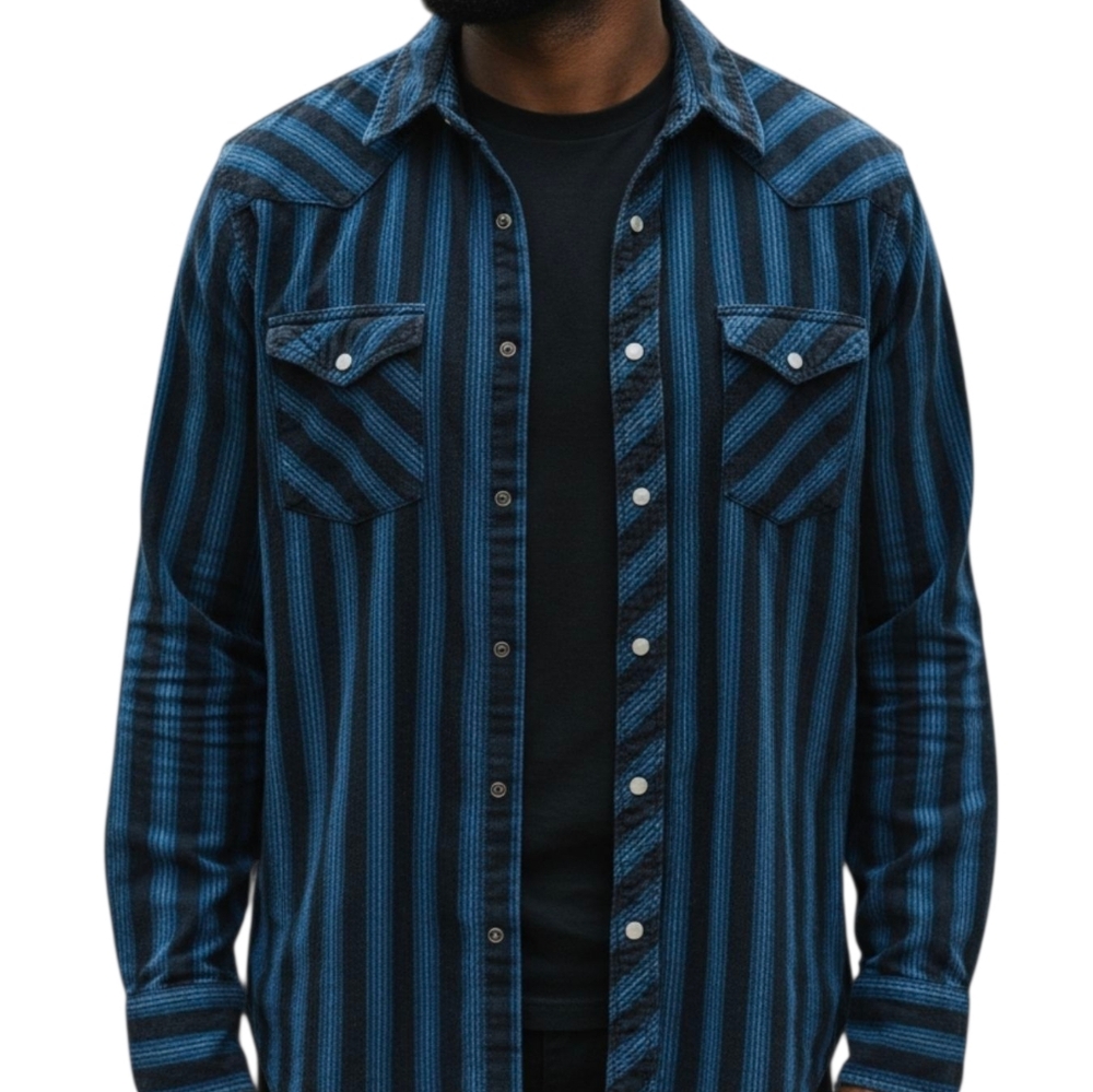 Wrangler Western Flannel Shirt - Blue & Black Stripe - 2XT Tall Pearl Snap